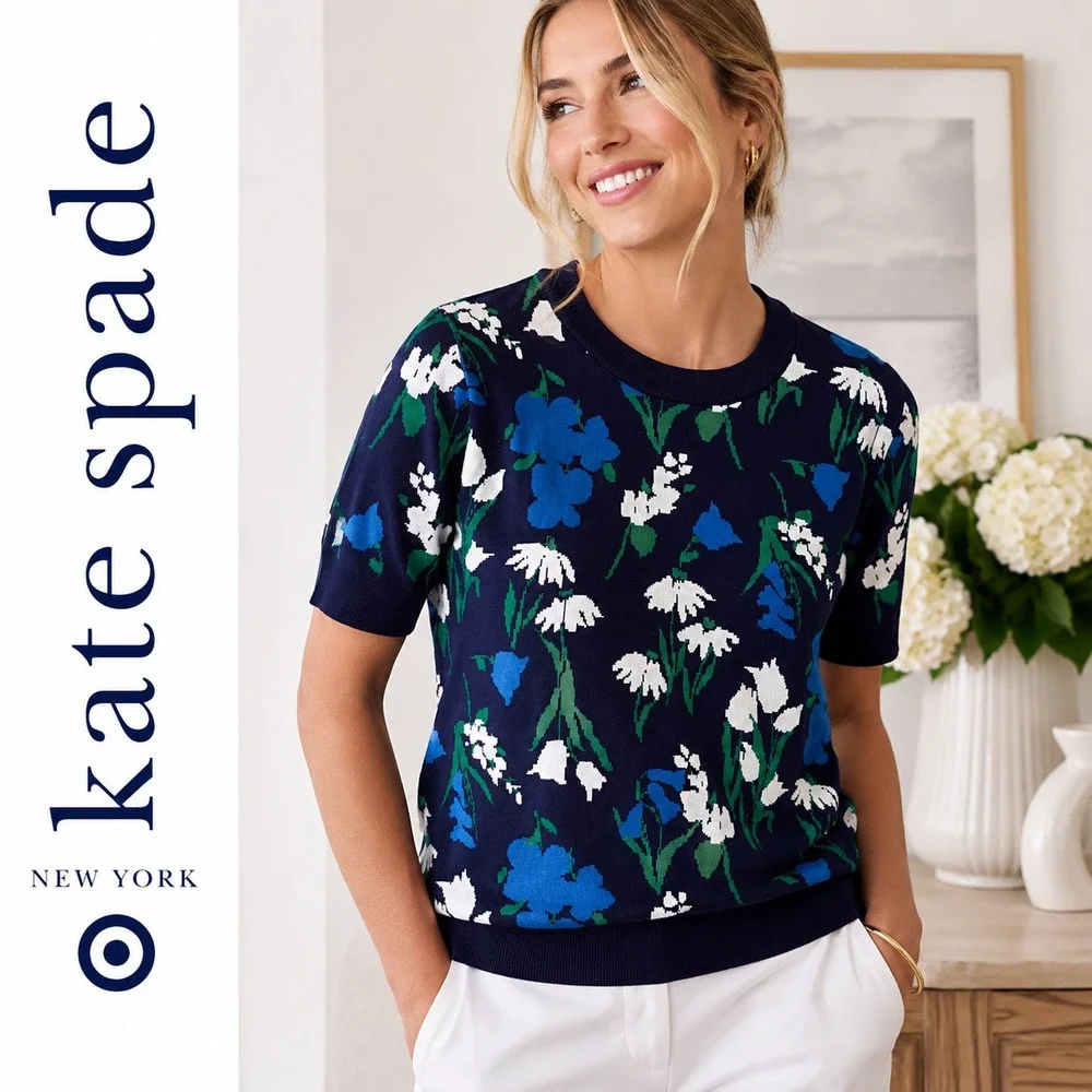 Kate Spade x Target Sweater Women's XXL Navy Blue Mixed Floral Short Sleeve Knit